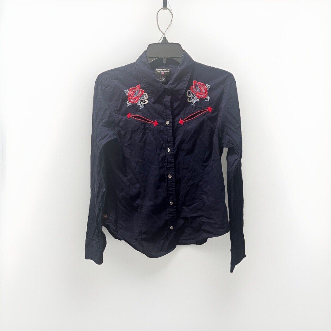 Ralph Lauren Polo Jeans Co Western Embroidered Floral Navy Pearl Snap Button Up