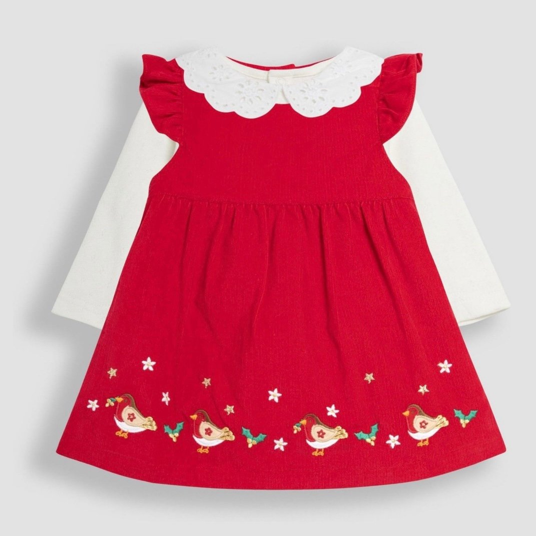 NEW Jojo Maman Bebe Red Baby Robin Embroidered Cord Dress and Bodysuit outfit