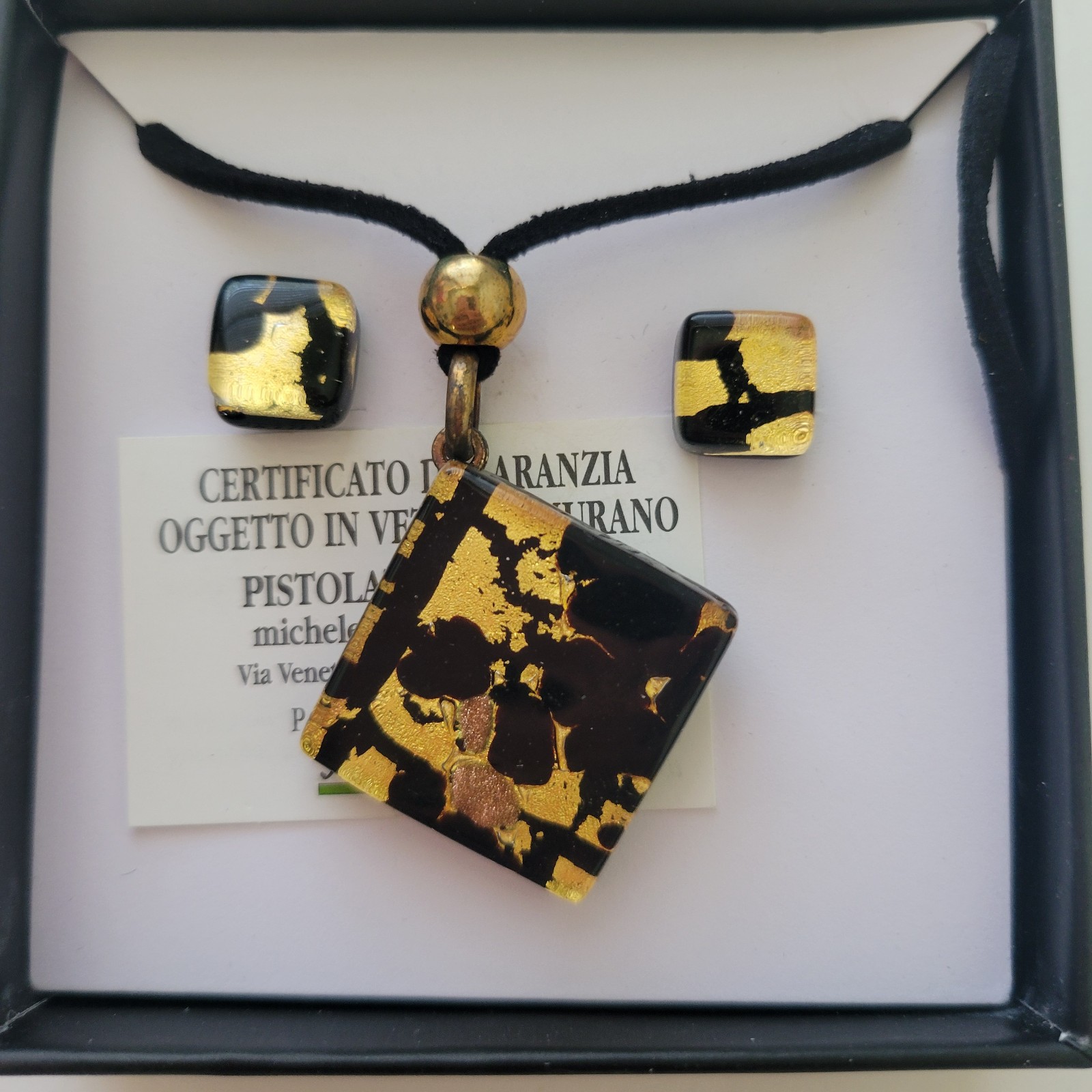 New Boxed Murano Glass Multi-Colour Black Rope Necklace & Stud Earrings Set
