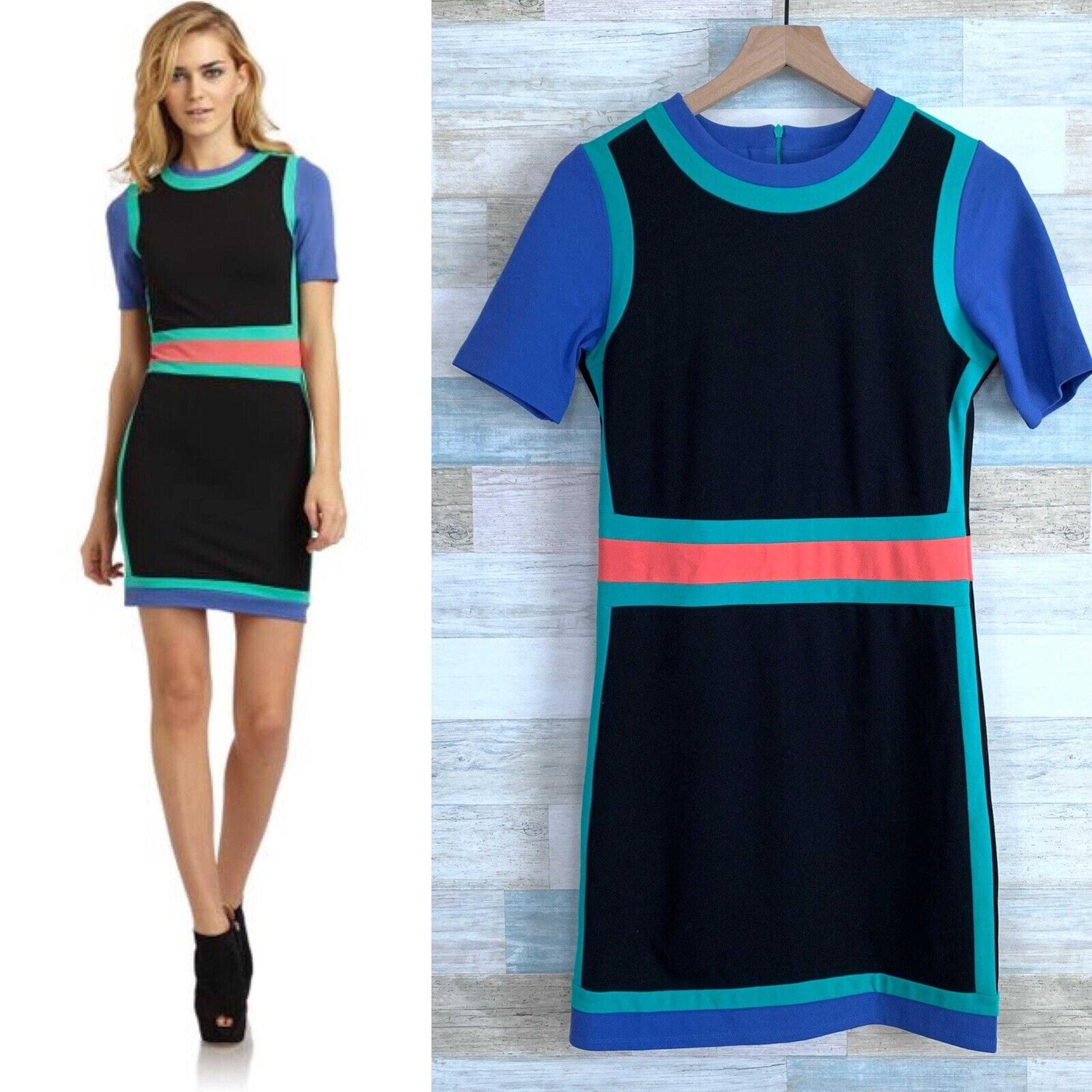 RED Saks Fifth Avenue Colorblock Sheath Dress Black Blue Stretch Womens Medium