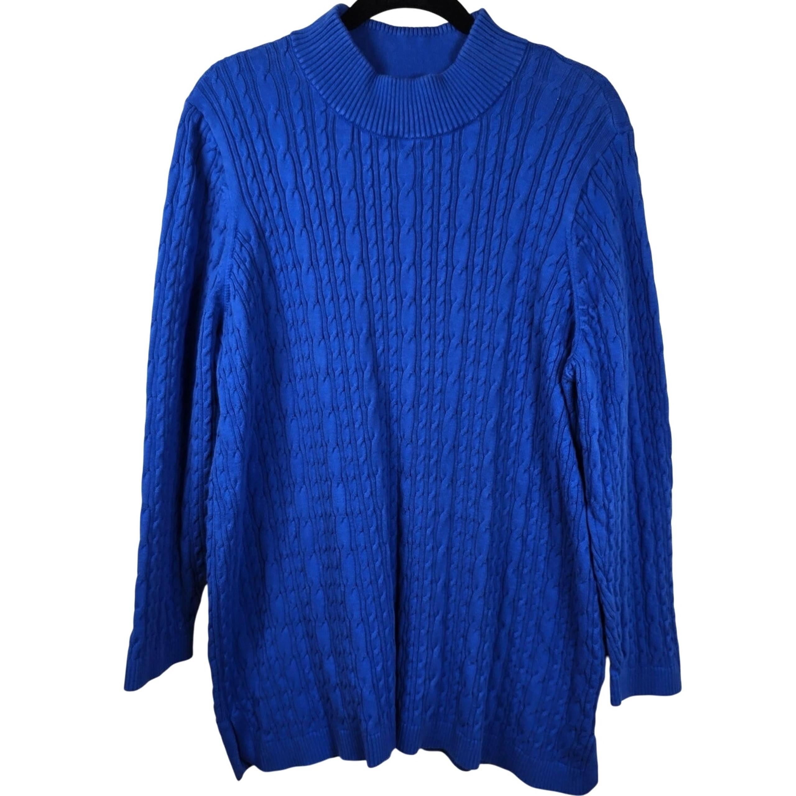 Lands End Sweater Women's 2X Blue Cable Knit Cotton Classic Coastal Nautical