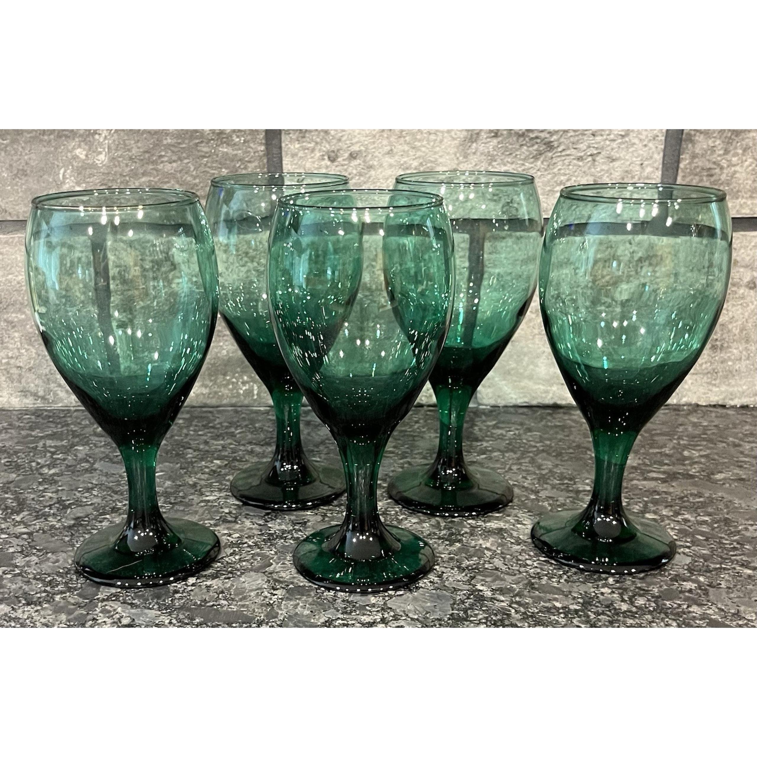 5 Vintage Libbey Teardrop Juniper Green Water/Wine Goblets 7" - 12 Oz