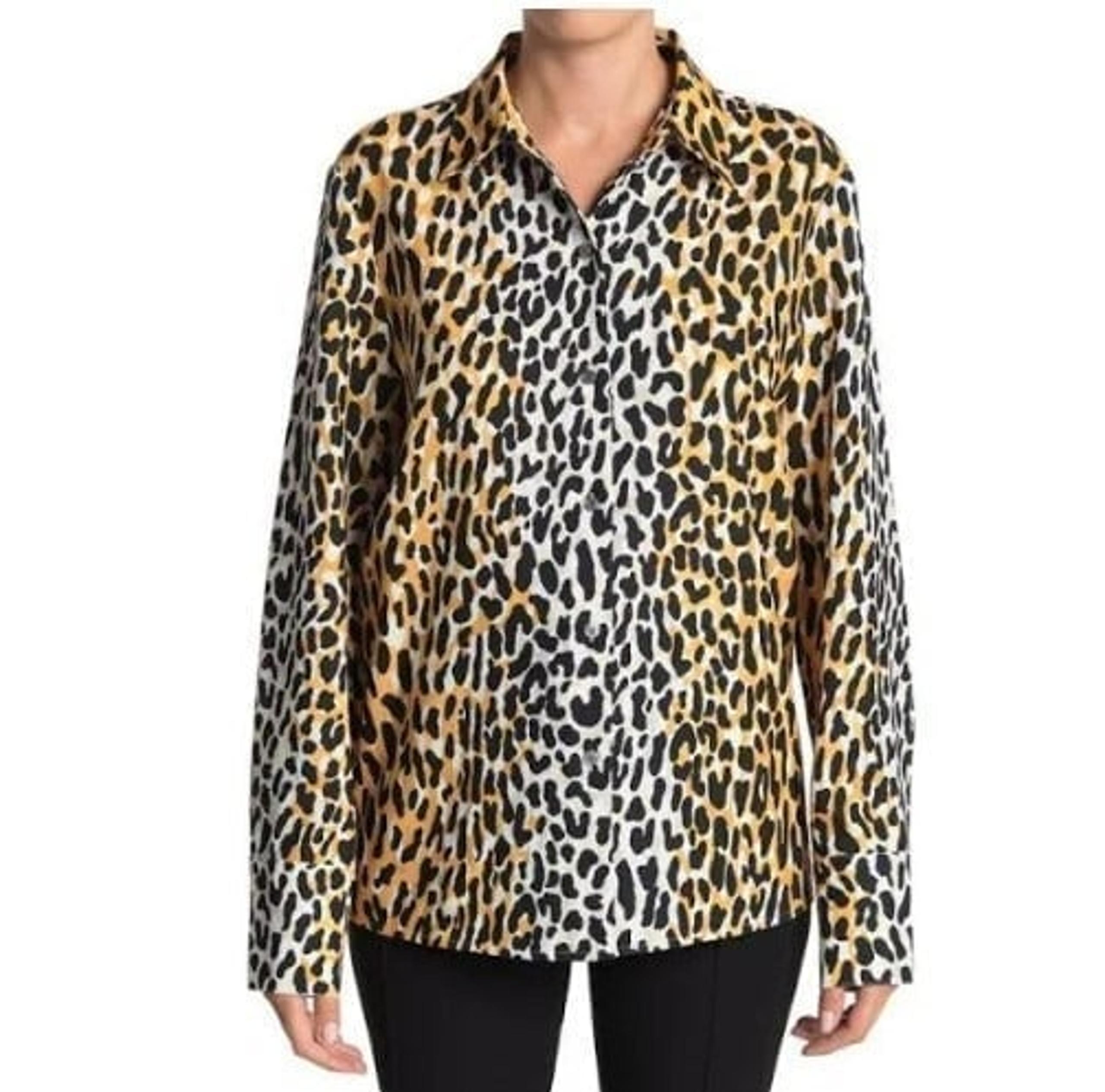 St John Collection Satin Back Leopard Print Black Gold Shirt Blouse Top Size M