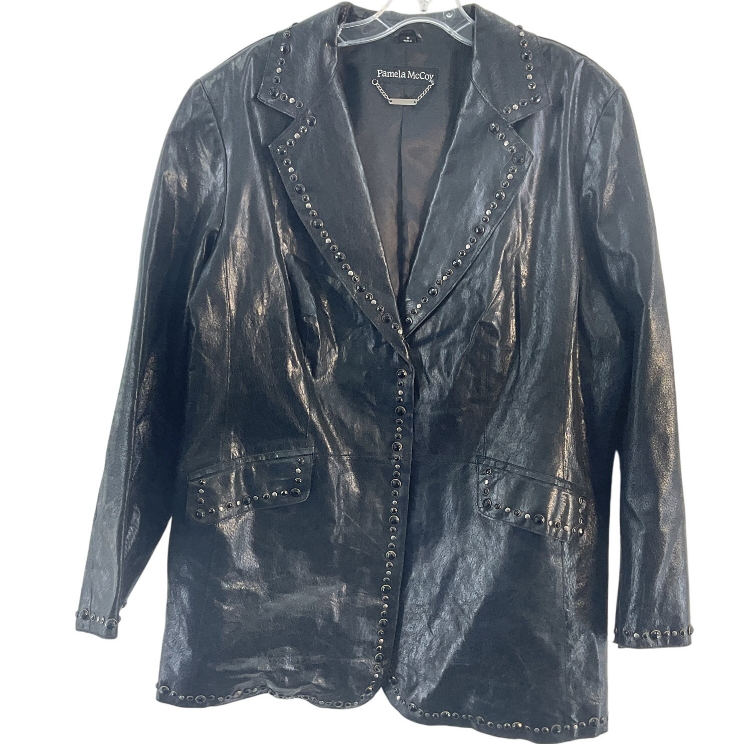Pamela McCoy Black Leather Studded Blazer Jacket Women’s 1X Plus Size Preowned