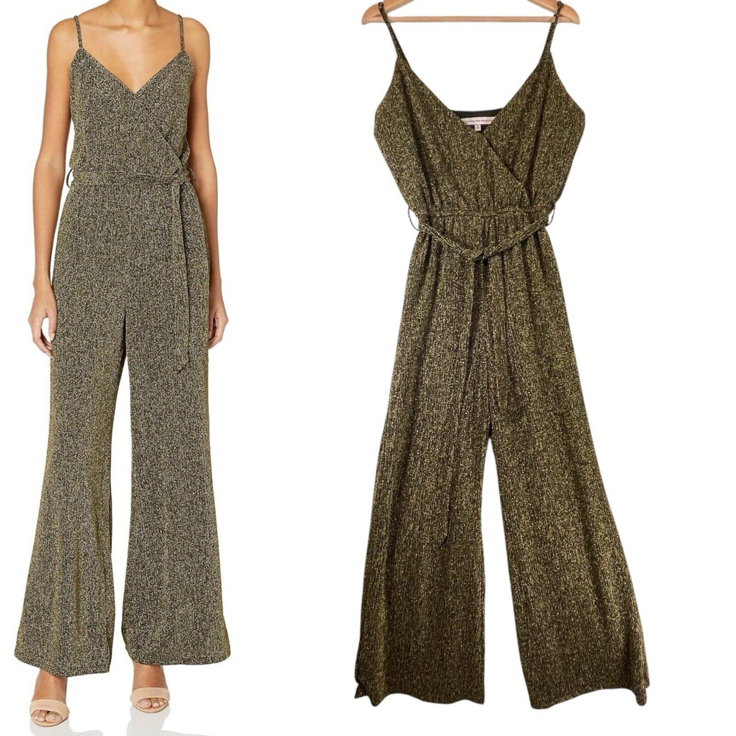 Cupcakes and Cashmere Gold Gauzy Jumpsuit Flared Leg WOMENS SIZE SMALL Shimmer