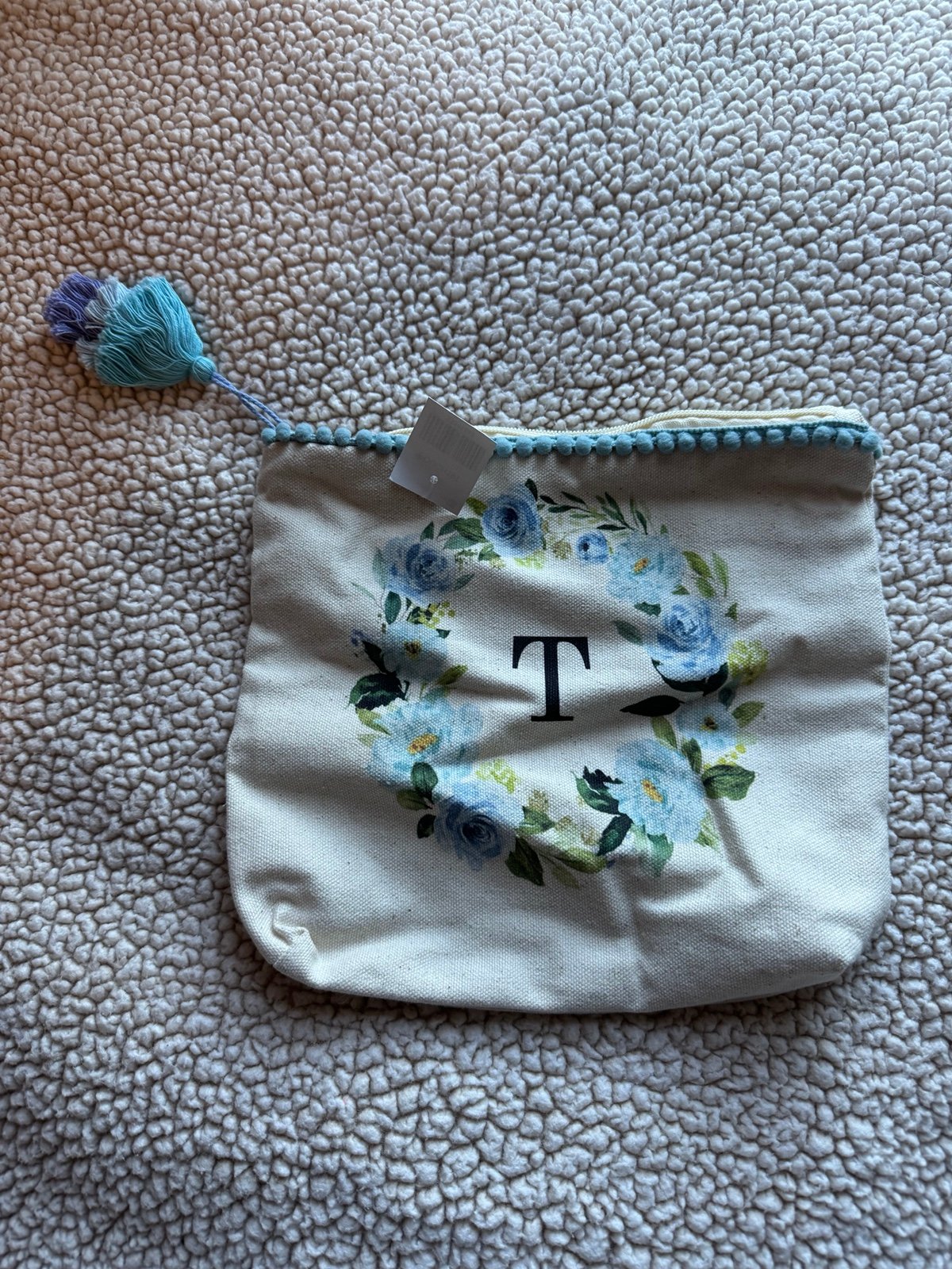 Cream and Blue Floral Pouch with Monogram “T”
