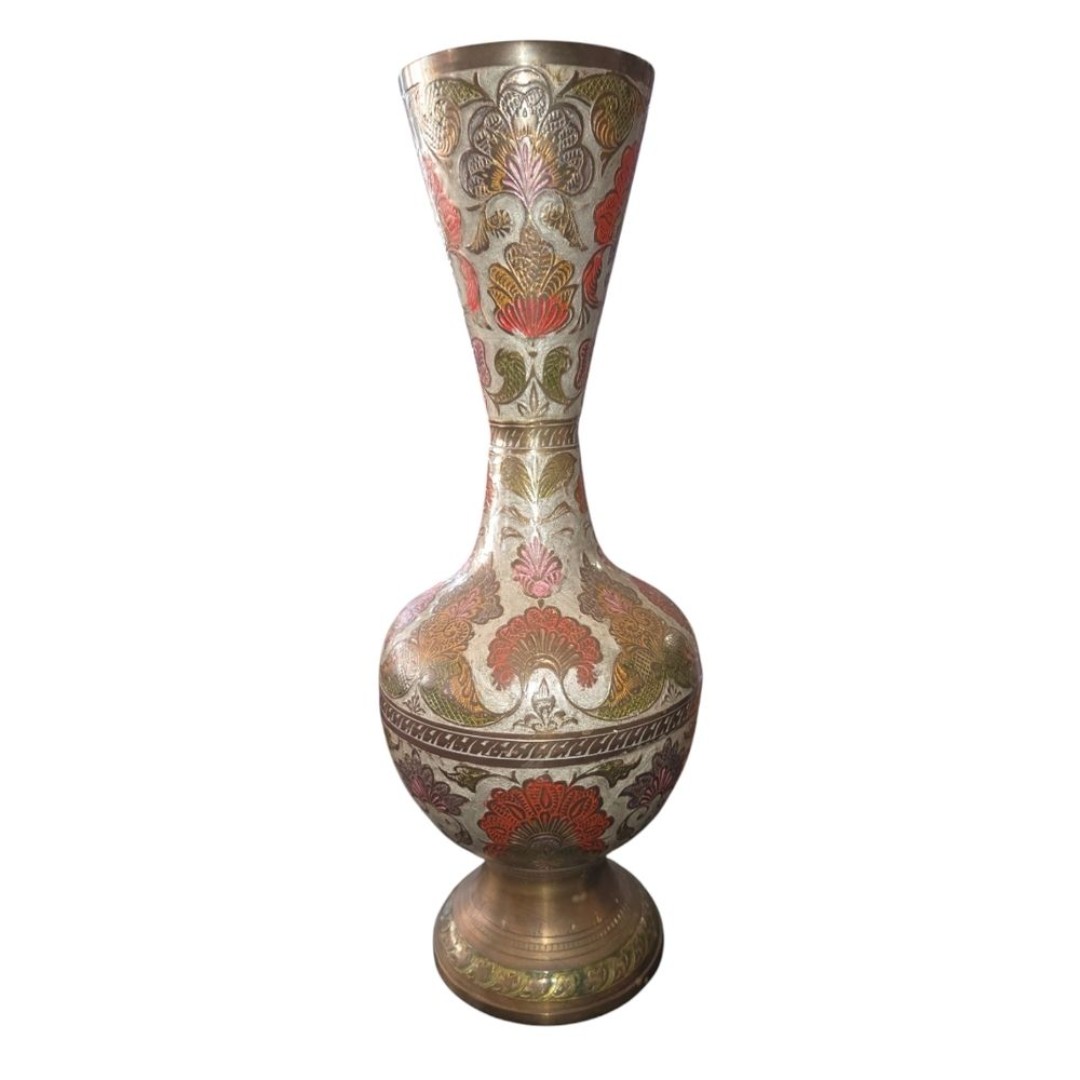 Penco Industries Vintage Large Red & Gray Enamel On Brass Cloisonne Vase 14