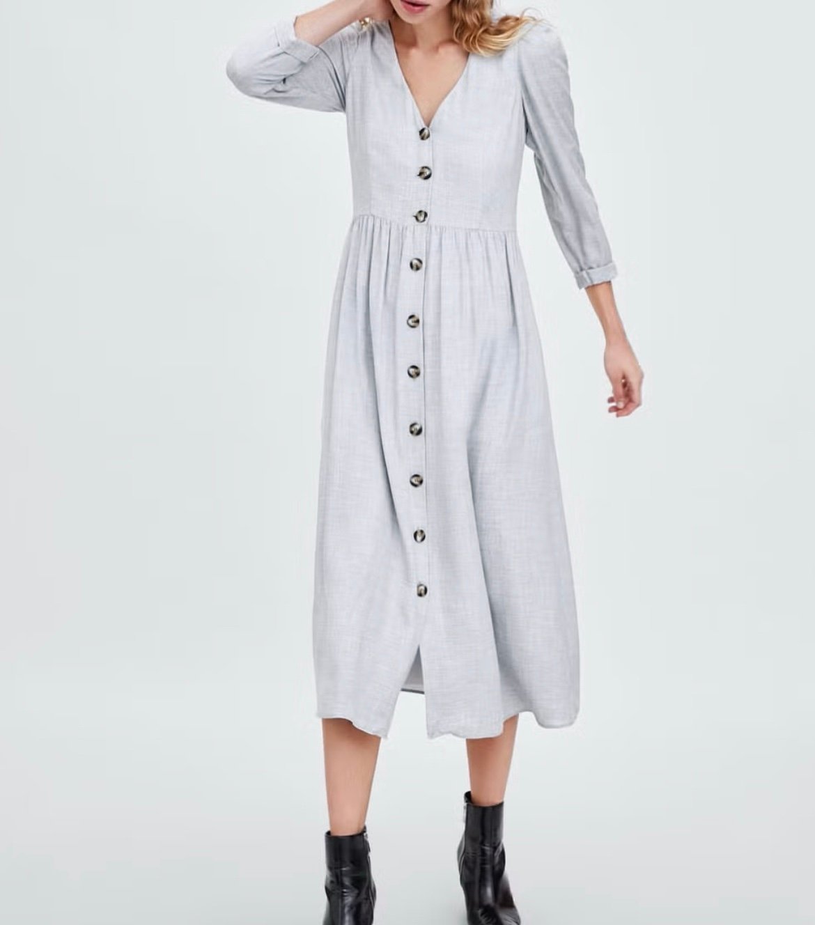 Zara Trf Collection Women’s Medium Gray MIDI Button Down Summer Dress V-Neck