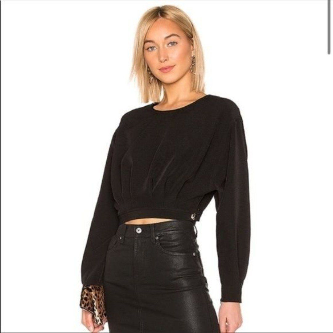 L'Academie Black Cropped Button Side Puff Sleeve Top New Without Tags Large