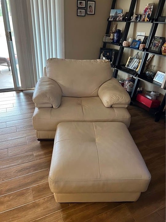 Leather Chair and Ottoman Off White