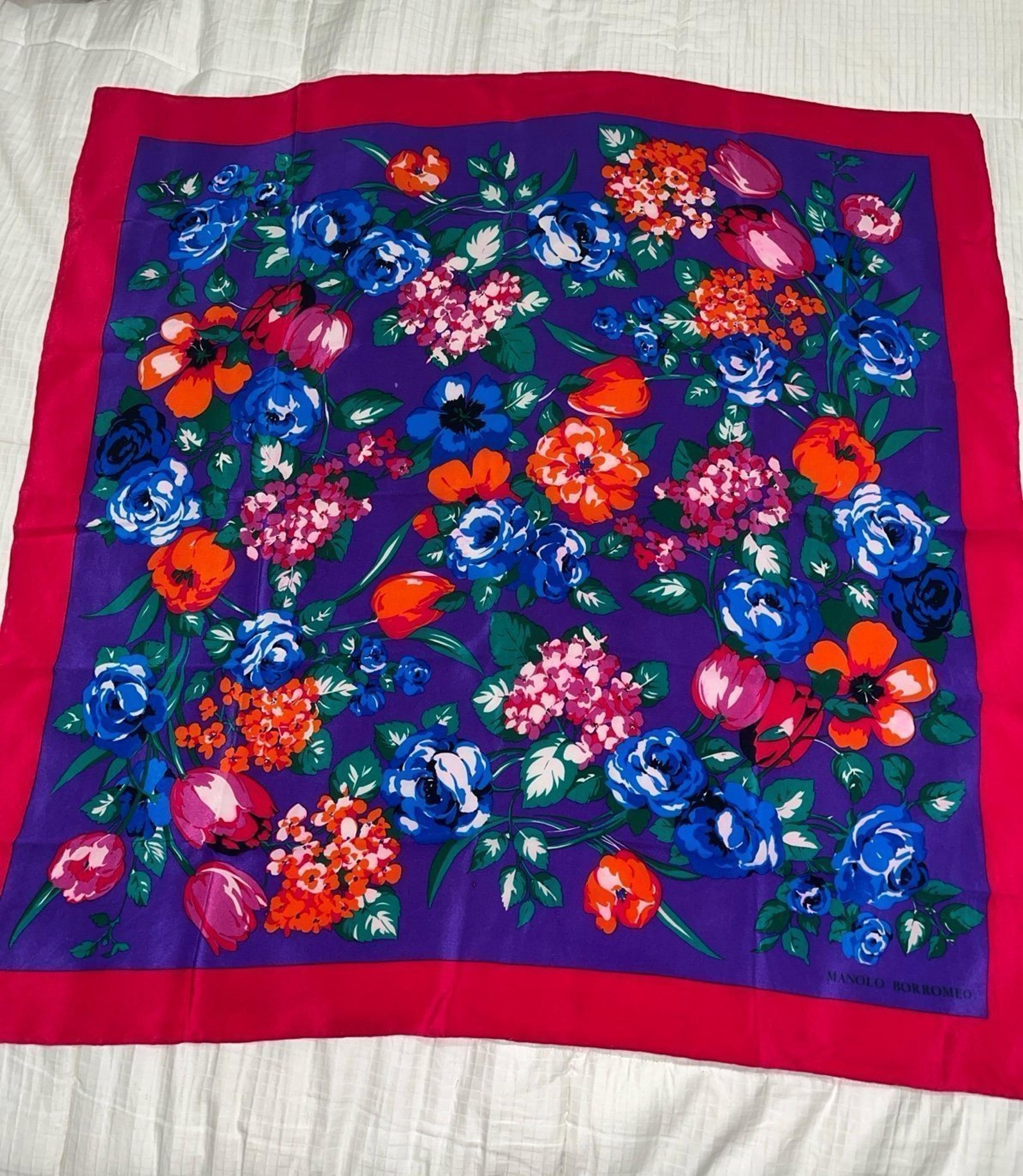 Italian Manolo Borromeo Silk Floral Scarf Hand Rolled 33”x33”