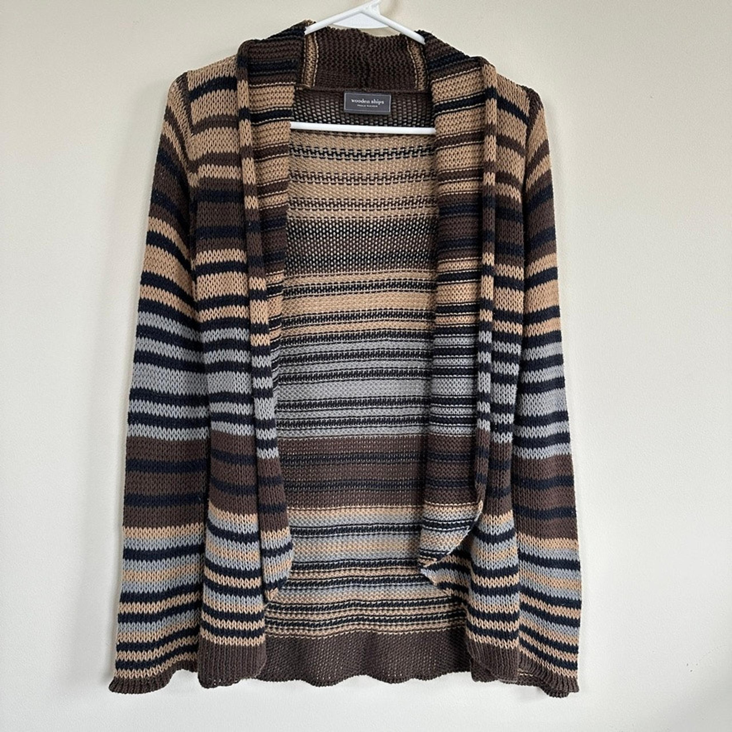 Wooden Ships Knit Cardigan Sweater Open Front Stripe Long Sleeve Neutral S/M