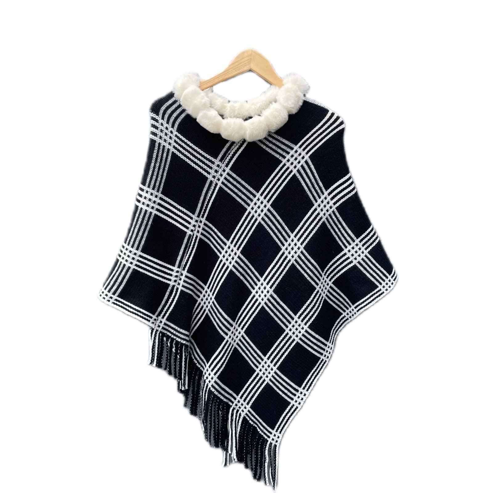Dashing Black White Plaid Checkered Poncho Fur Cape