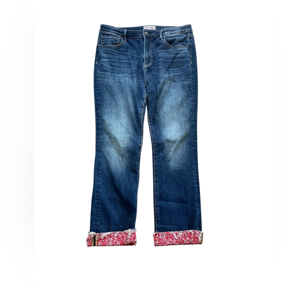 Driftwood Collette Red Paisley Cuffed Five Pocket Blue Jean Pants Size 33