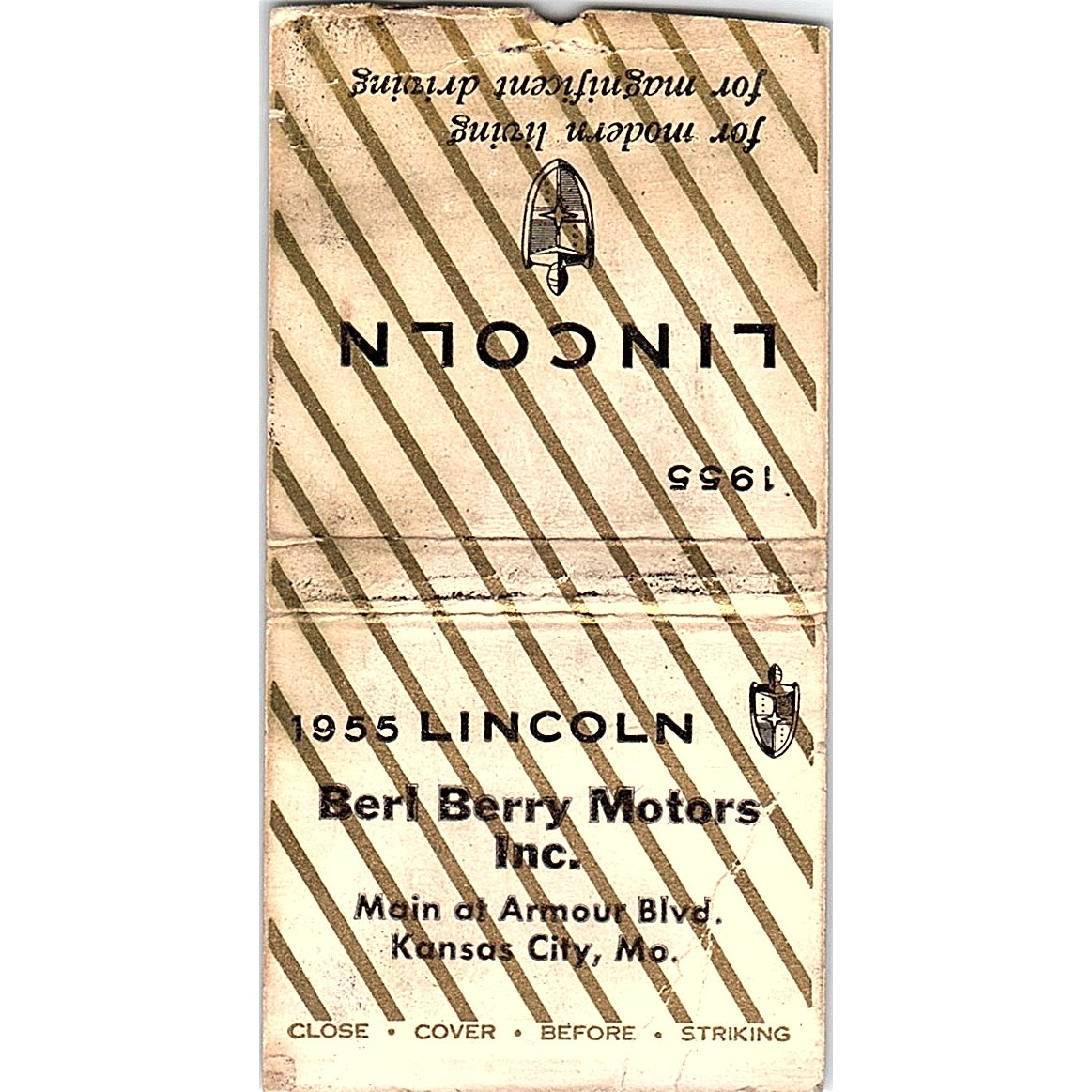 Berl Berry Motors 1955 Lincoln Kansas City MO Vintage Matchbook Cover SC7-Y1