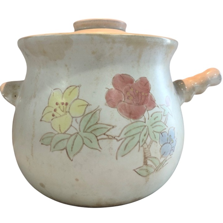 Vintage Hand-Painted Ceramic Floral Pattern Soup Sand Pot With Lid Handles Rare