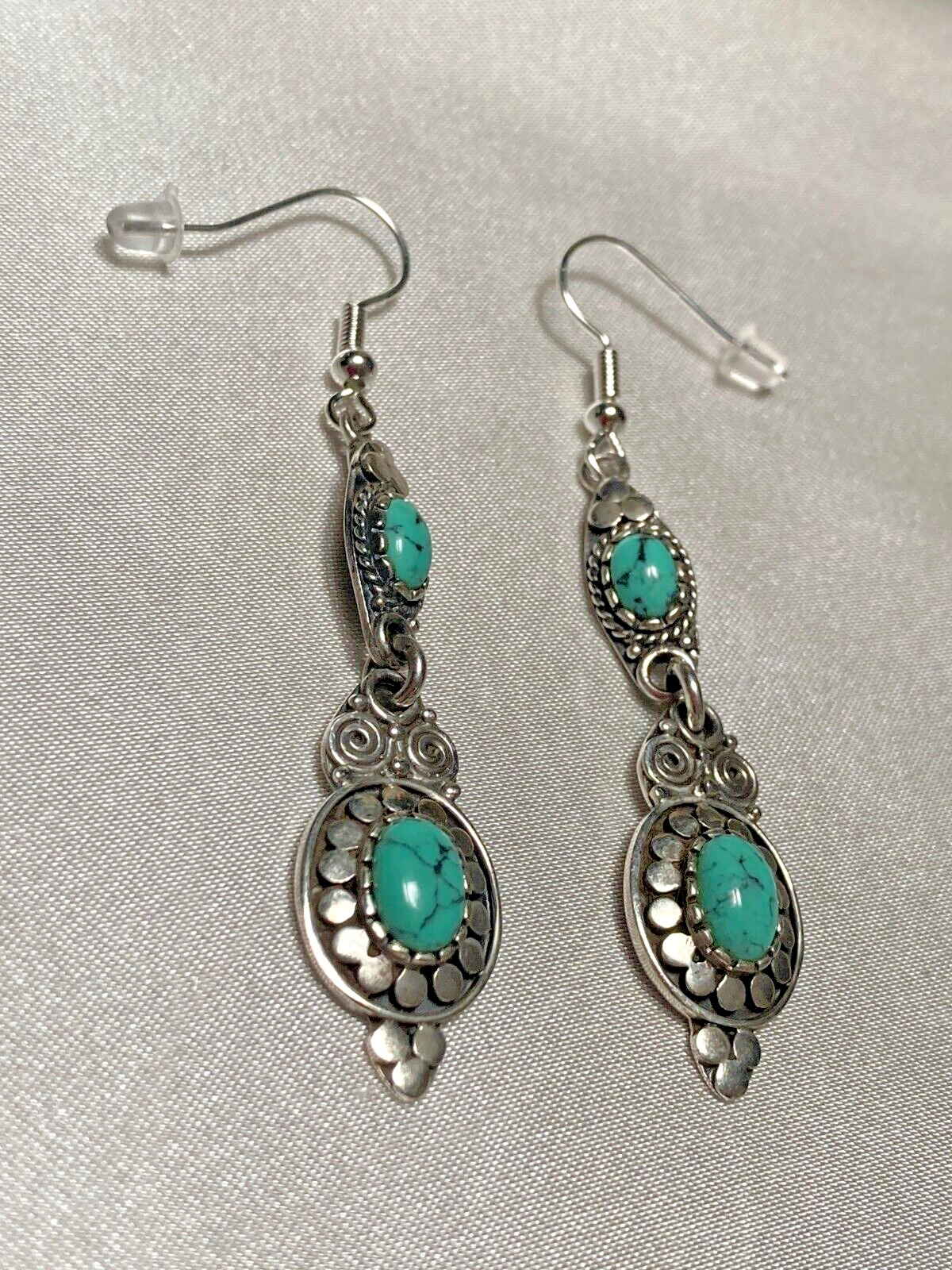 Vintage Southwestern Style Turquoise Cabochon Sterling Silver Drop Earrings