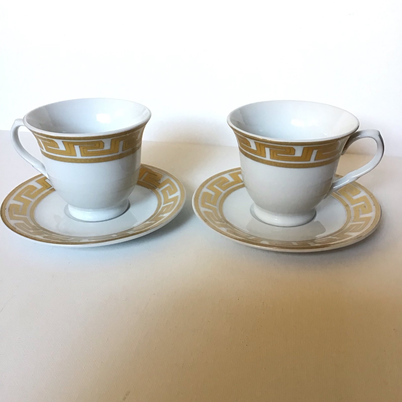 Fine Porcelain Greek Key Etching Cup & Saucer (Set of 2)
