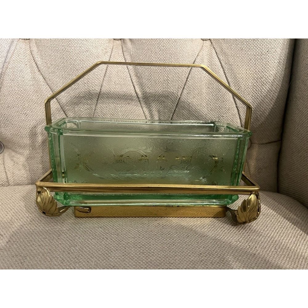 RARE! Antique Brass Leaf Art Deco Mount Uranium Green Trinket /Butter dish?