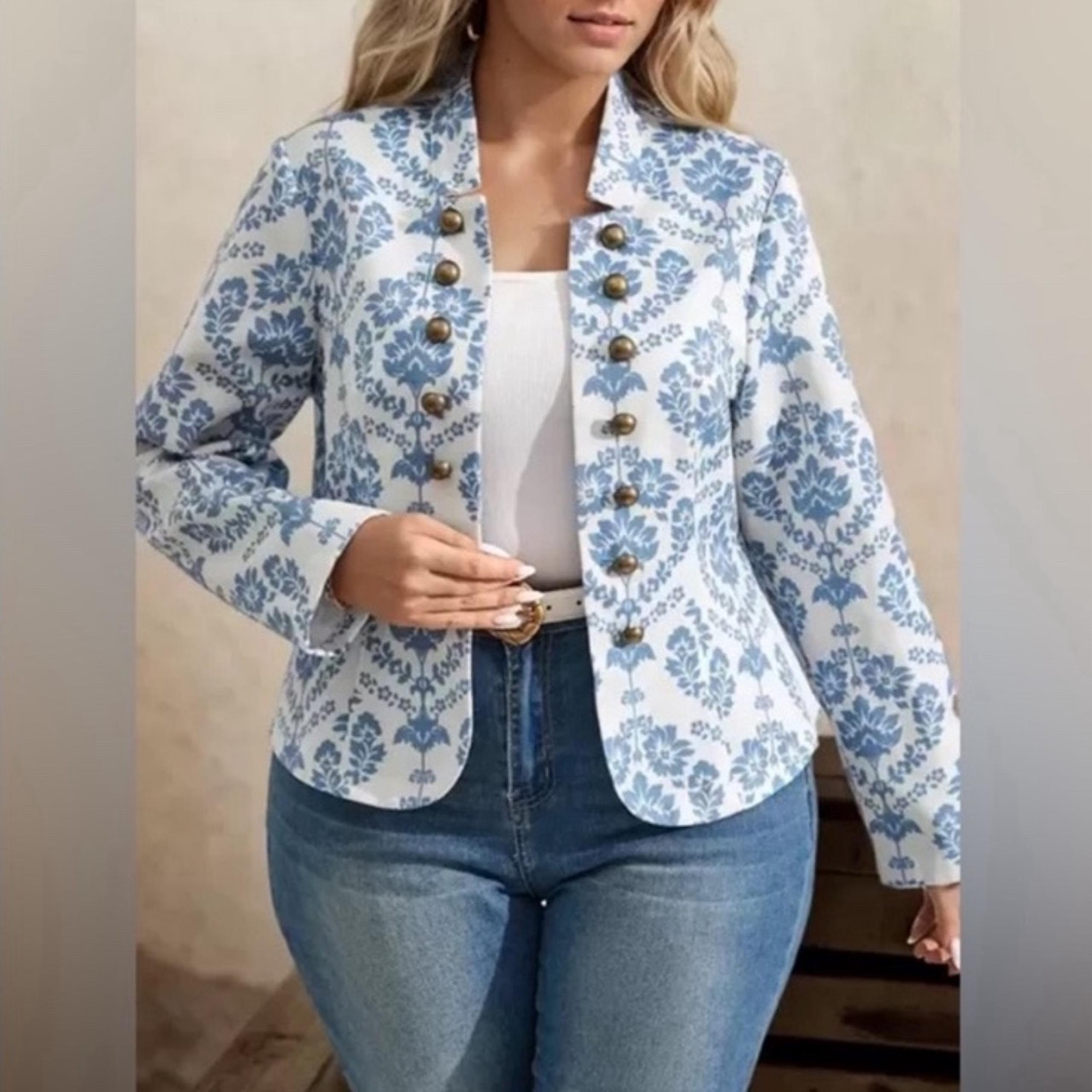 Paisley Blue & White Button Decor Fashion Blazer