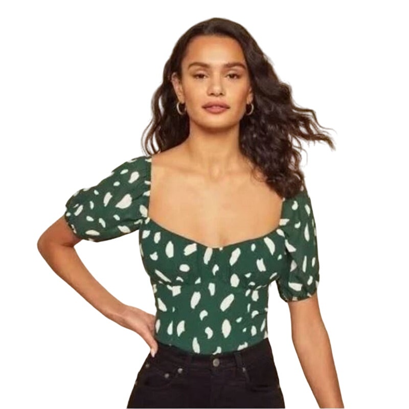 Reformation Berry Blouse Green White Short Puffy Sleeves Cropped Top 0