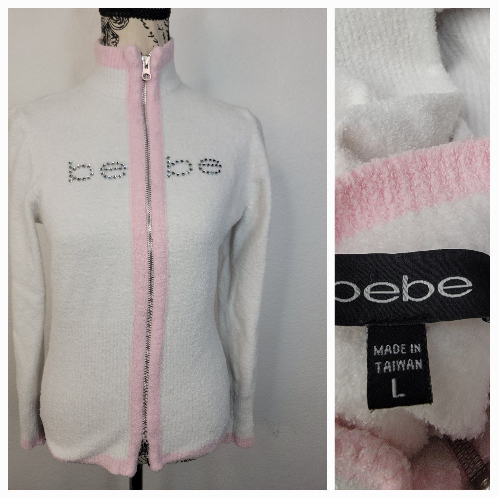 Vintage Y2K Bebe Terrycloth Rhinestone Zip Up Sweater Large White Pink Trim
