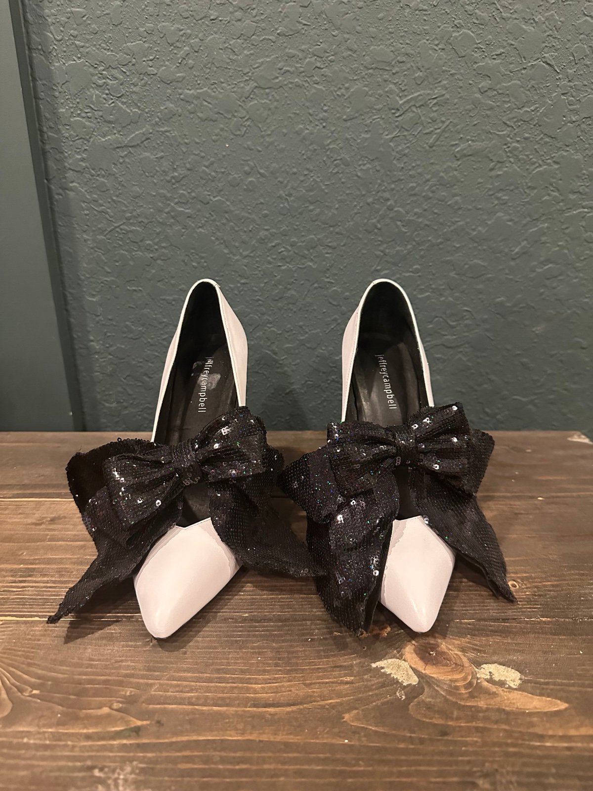 Jeffrey Campbell White Leather Black Sequin Bow Pumps