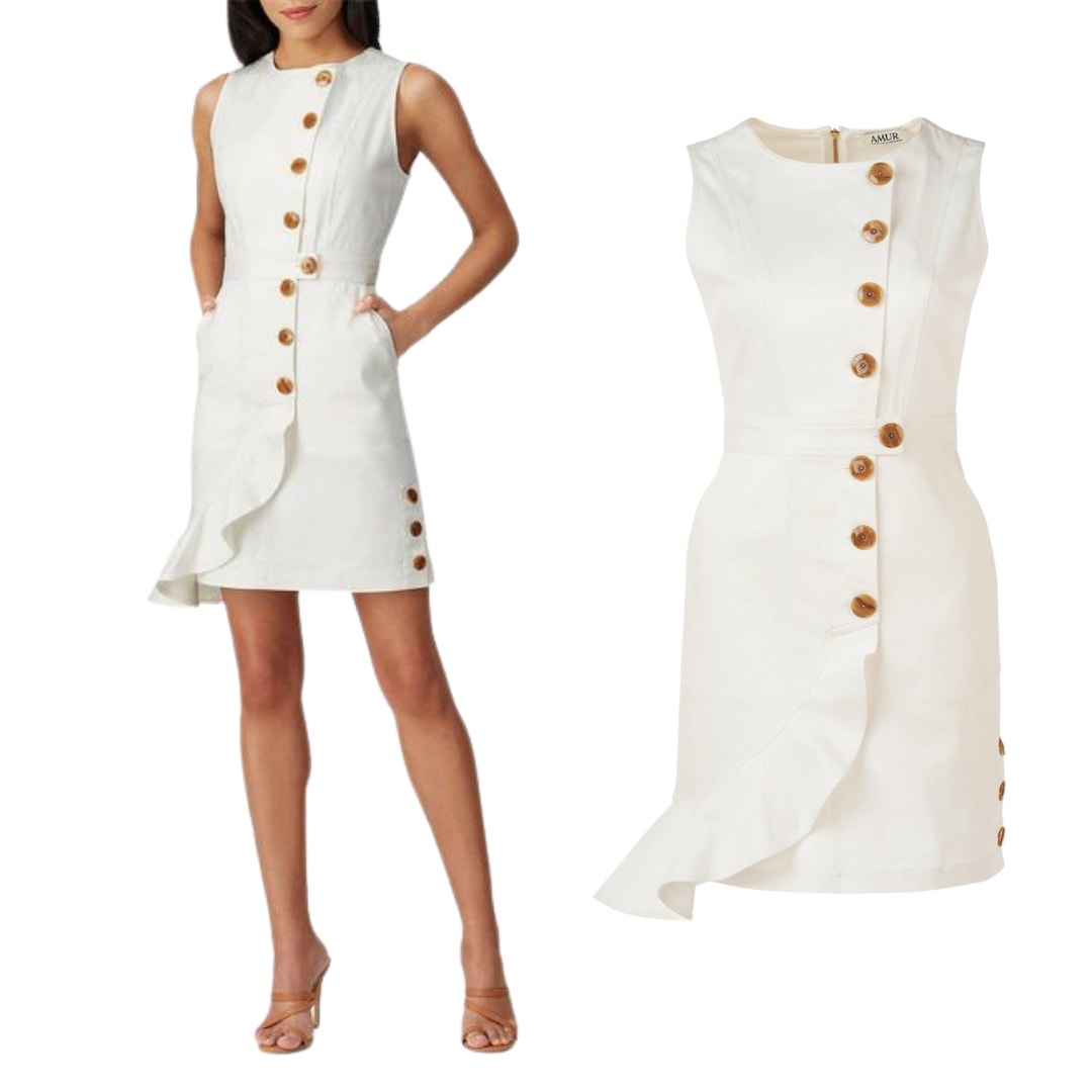 Amur White Beba Sheath Sleeveless Asymmetric Button Down Ruffle Trim Dress 4