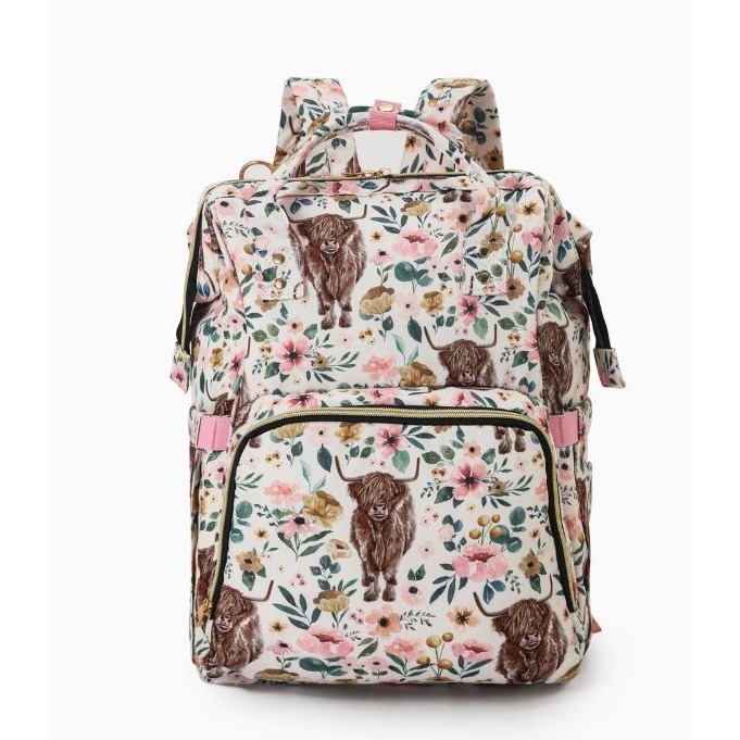 Highland Cow Floral Print Backpack, bag, Diaper Bag With Multiple Pockets & Pink