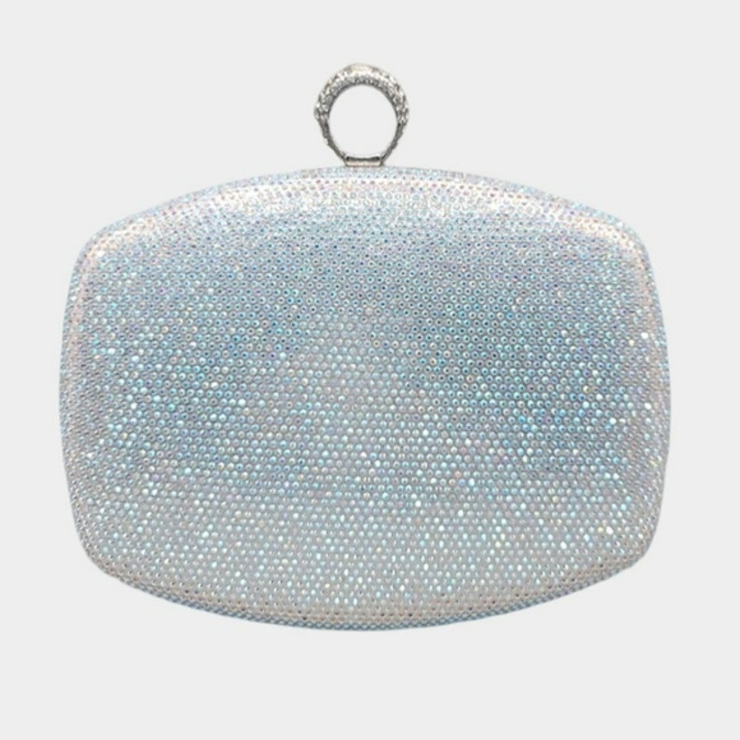 Silver Clutch Ring Rhinestone Crystal Purse Bling Formal Evening Crossbody Bag