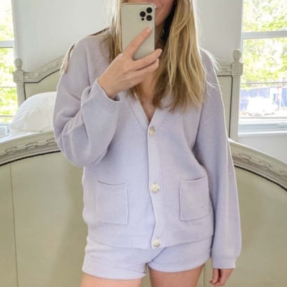 Naadam Textured Balloon Sleeve Cardigan and Textured Shorts in Lavendar
