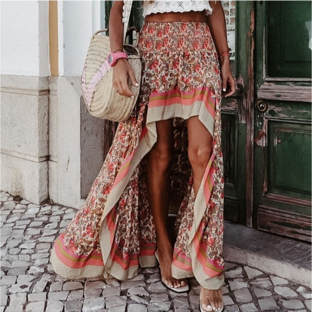 Pink Floral Print Accent Stripes Smocked Waist Pull On High Low Long Skirt