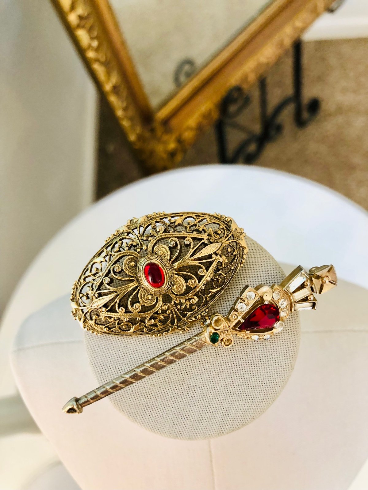 Vintage Victorian style Red Filigree Scepter Rhinestone Brooch lot