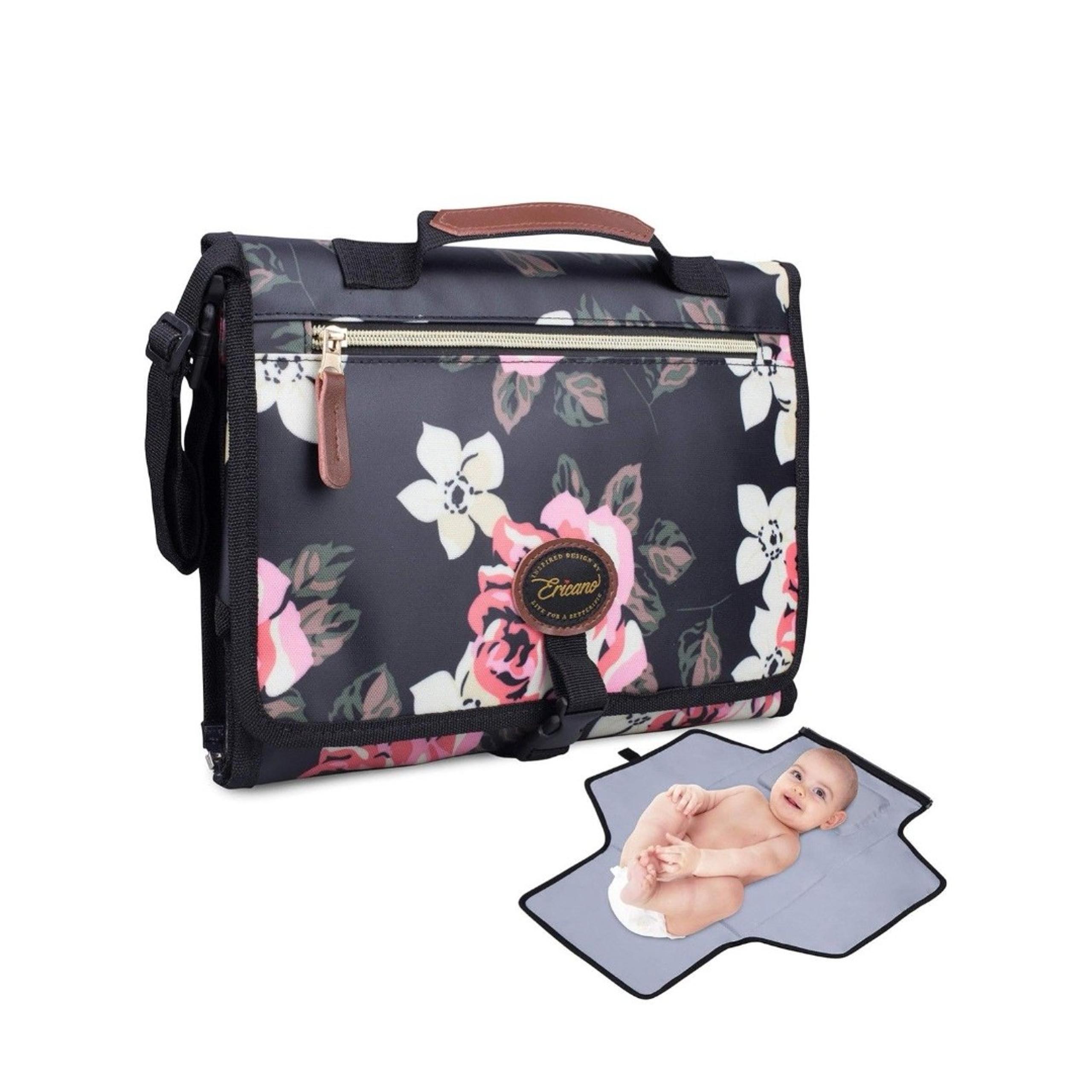 Portable Diaper Changing Pad - Black Pink Floral Rose Foldable Detachable Mat