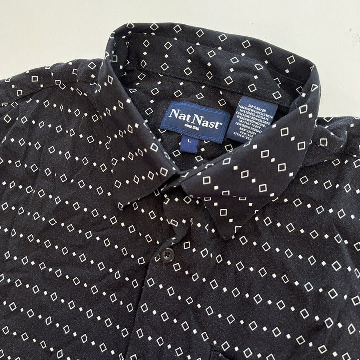 Nat Nast Men's Large Black Geometric Rayon Short Sleeve Button Front Shirt