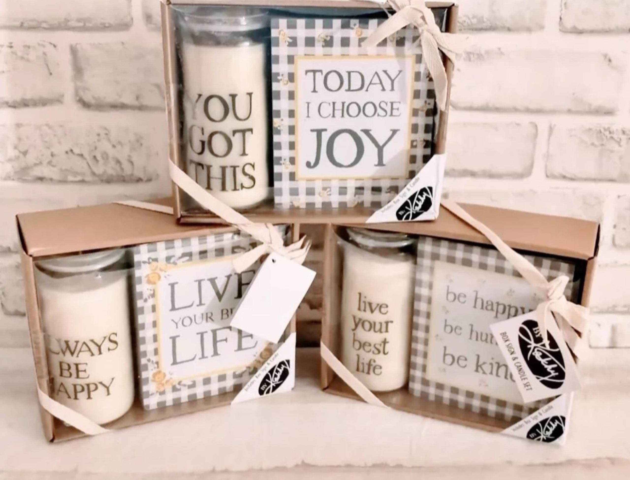 Motivational Candle & Box Sign Gift Set Lot of 3 Primitives by Kathy NEW