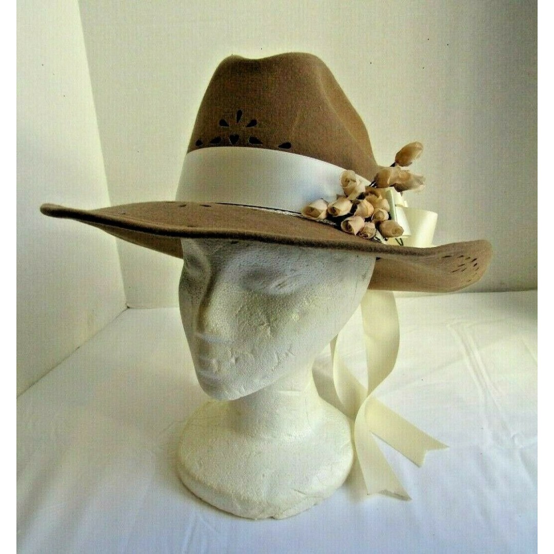 Vtg Brown Wool Nancy Hughes Hat Co Hat Satin Ribbon Bow Roses Lazer Cut 6 3/4