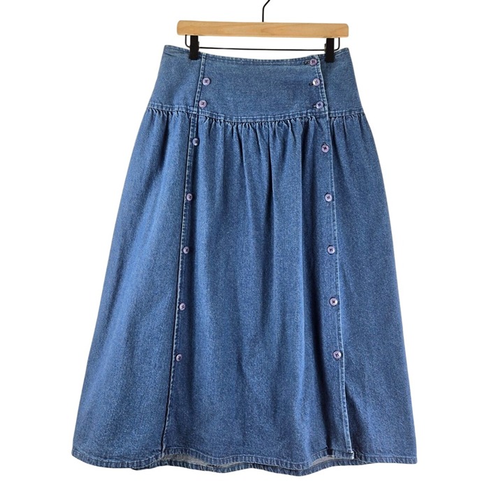 VTG Cherokee Blue Denim Midi Skirt 6 Double Button Front Deep Hip Band 80s 90s