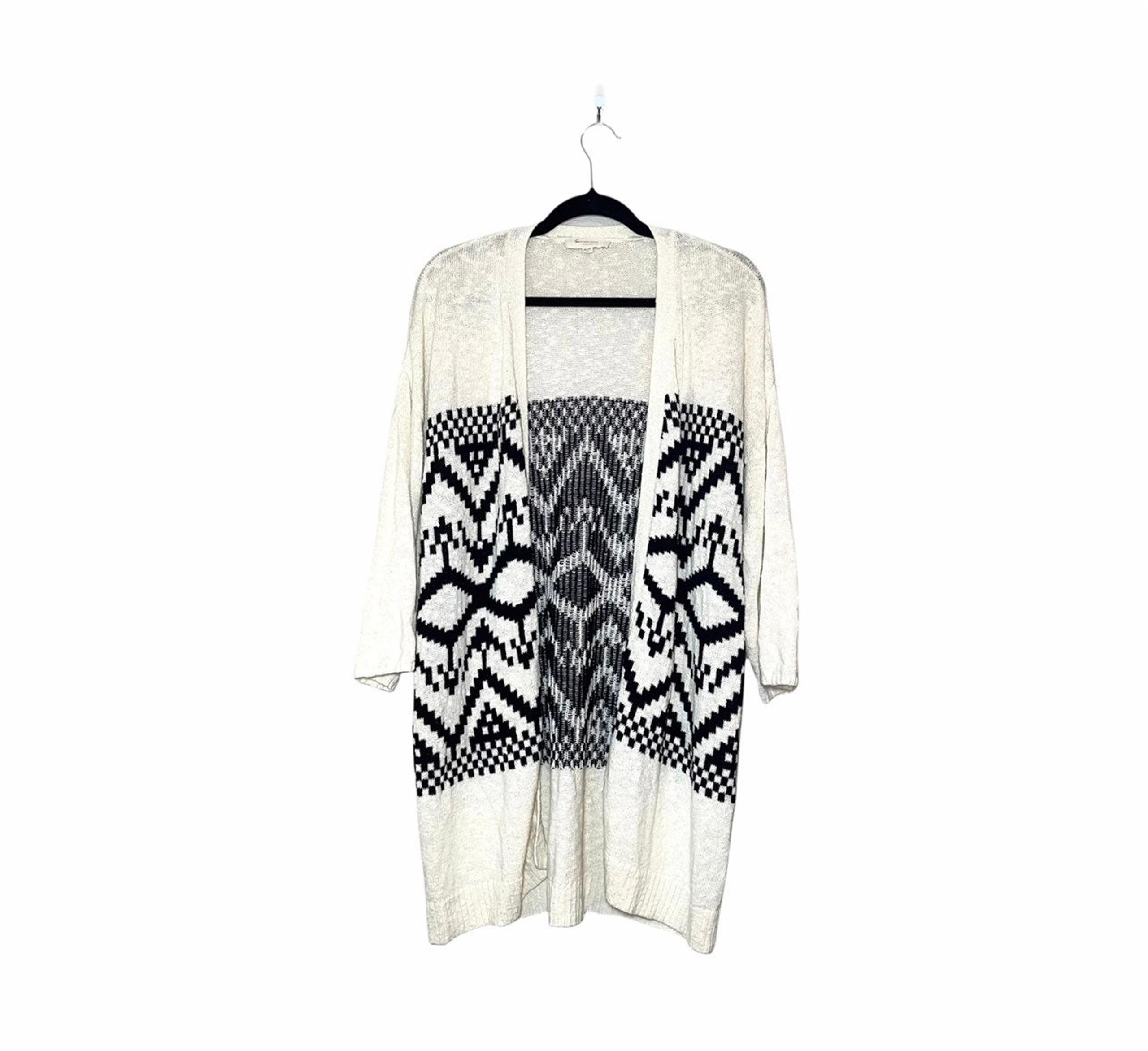 Two by Vince Camuto Cream & Black Aztec Tribal Print Open Front Cardigan Sz M