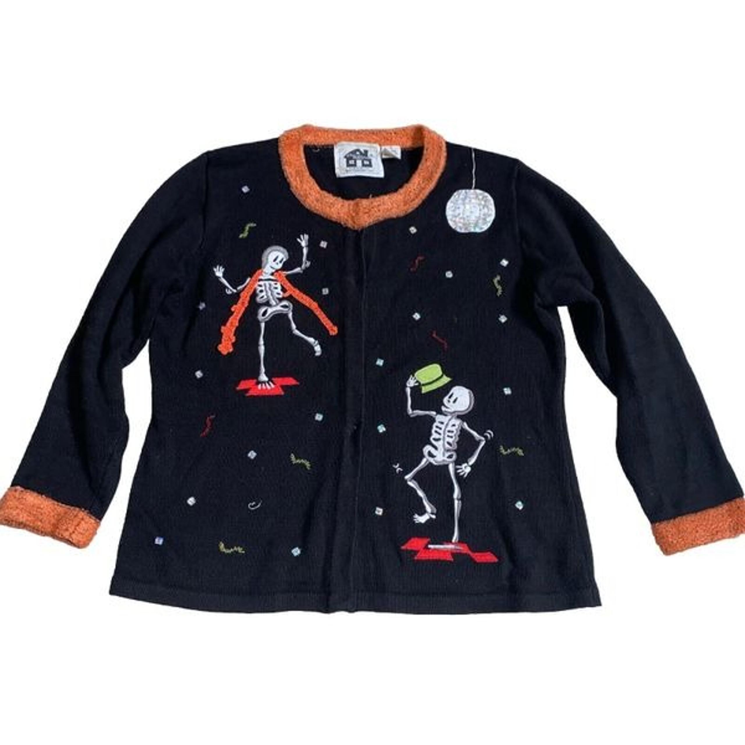 Vtg Storybook Knits Sweater Halloween Cardigan Skeleton Moon Black Cute Small