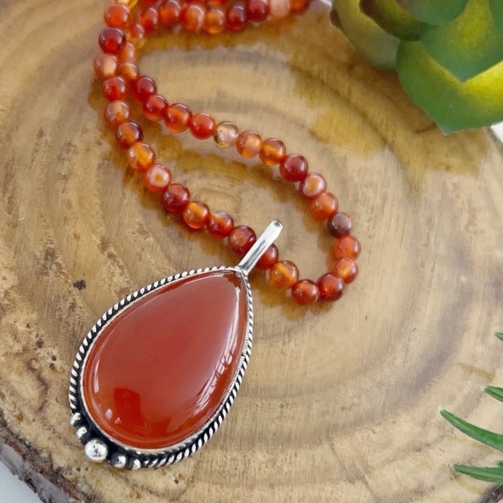 Carnelian Pendant Solid Sterling Silver 925 and Sardonyx Necklace Vintage Style