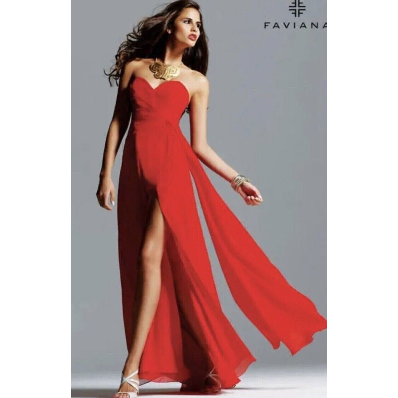Faviana Sz 12 Red Long Formal Strapless Sweetheart Dress Gown Cape Train Ruched