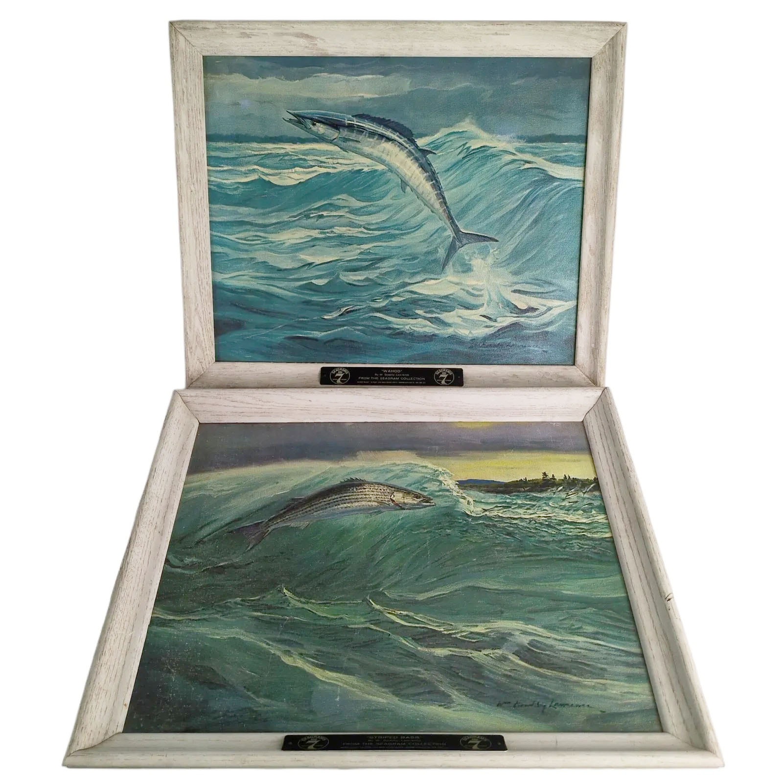 Set 2 Vtg 22x18 Framed W Goadby Lawrence Fishing Canvas Prints Seagram Wildlife