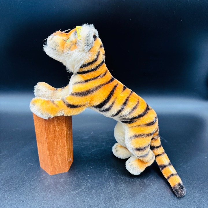 Vintage Steiff Tiger Green Glass Eyes Mohair with Button ID Tag Germany 0900/14