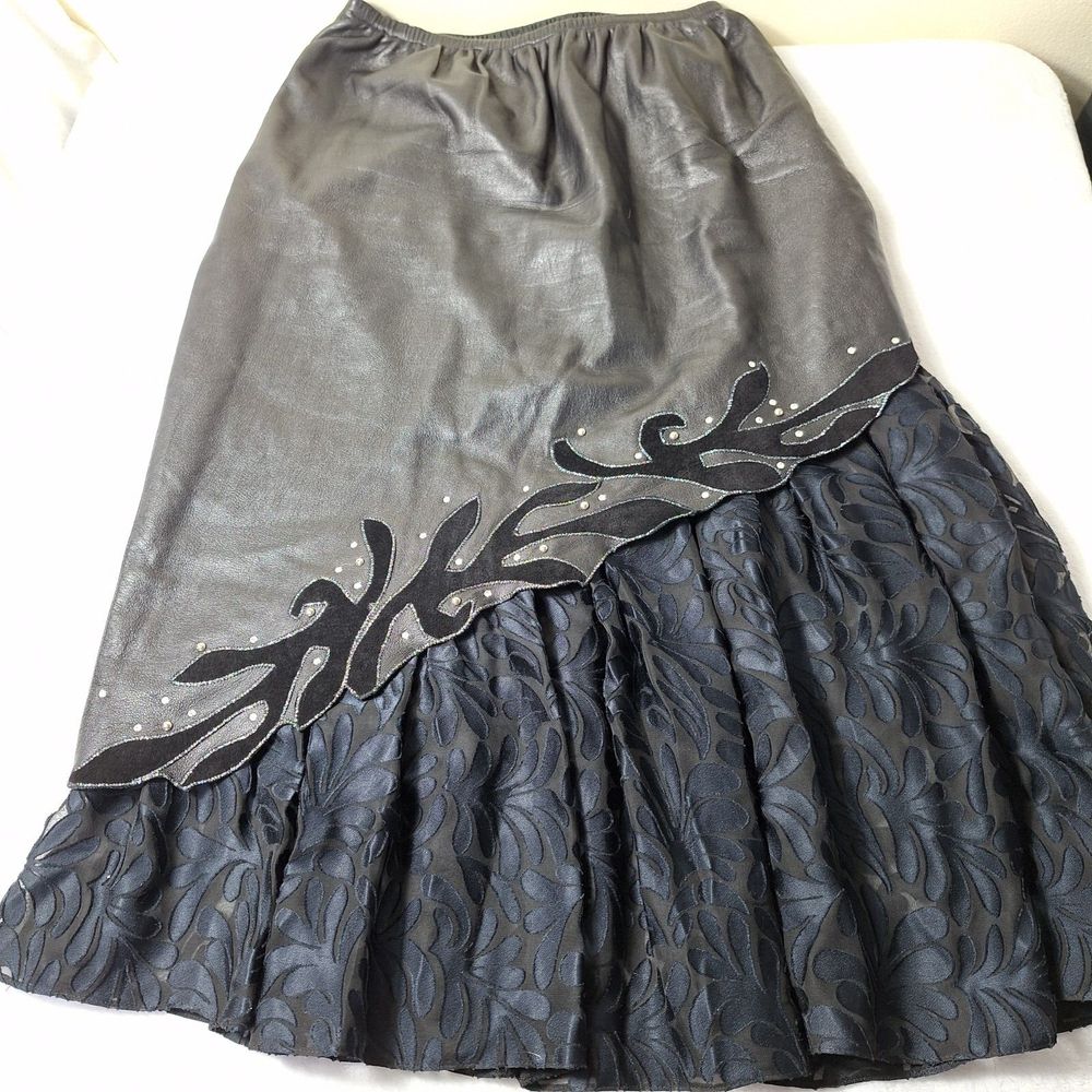 STEPHEN COLE Leather Layered Midi Skirt Sz L Black Elastic Waist Whimsigoth Dark