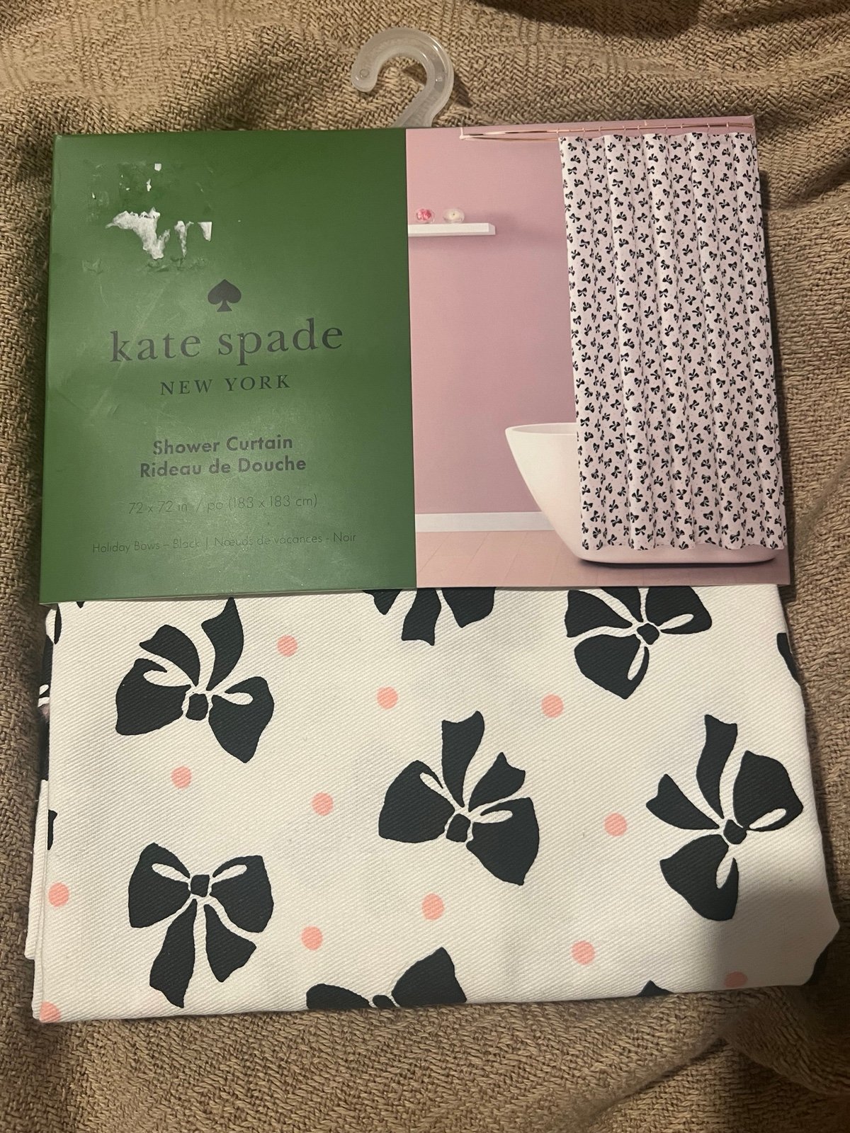 kate spade black bow and pink polka dot shower curtain new