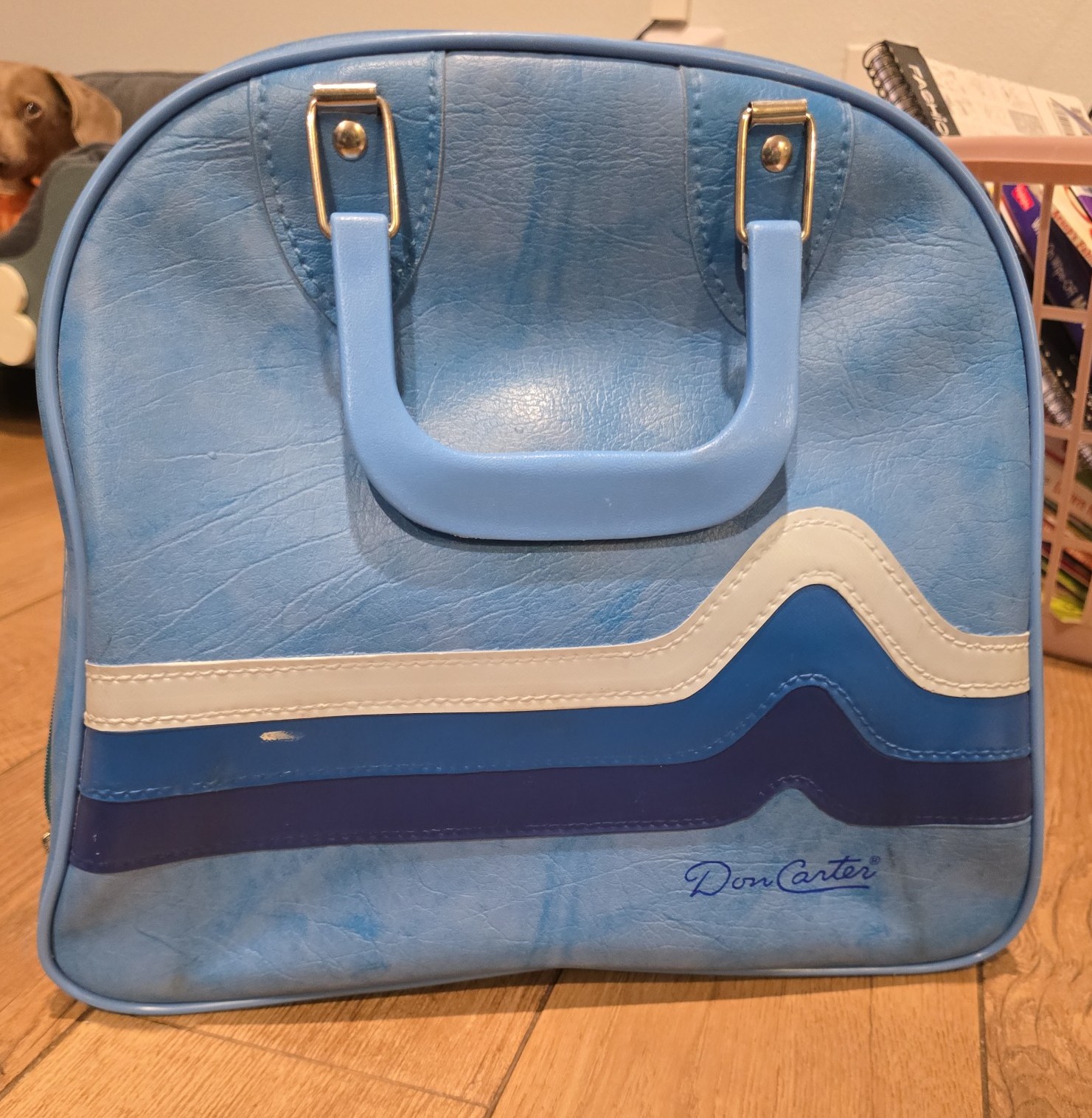 Vintage Don Carter Bowling Ball Bag/Ball - Wire Frame Ball Rack - Blue w/Stripes