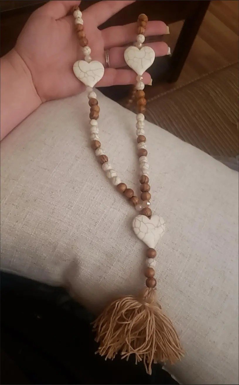 Heart-shaped Stone Pendant Wooden Bead Long Necklace