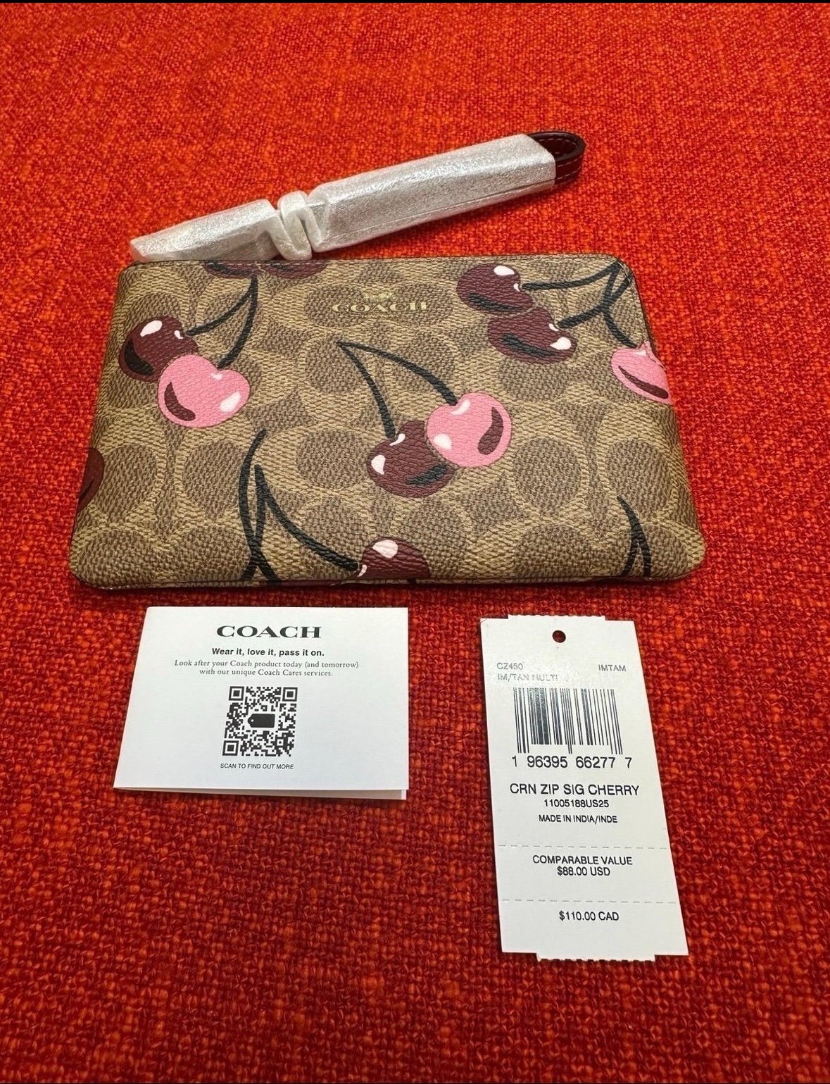 Authentic Coach corner zip wallet/wristlet with cherry print