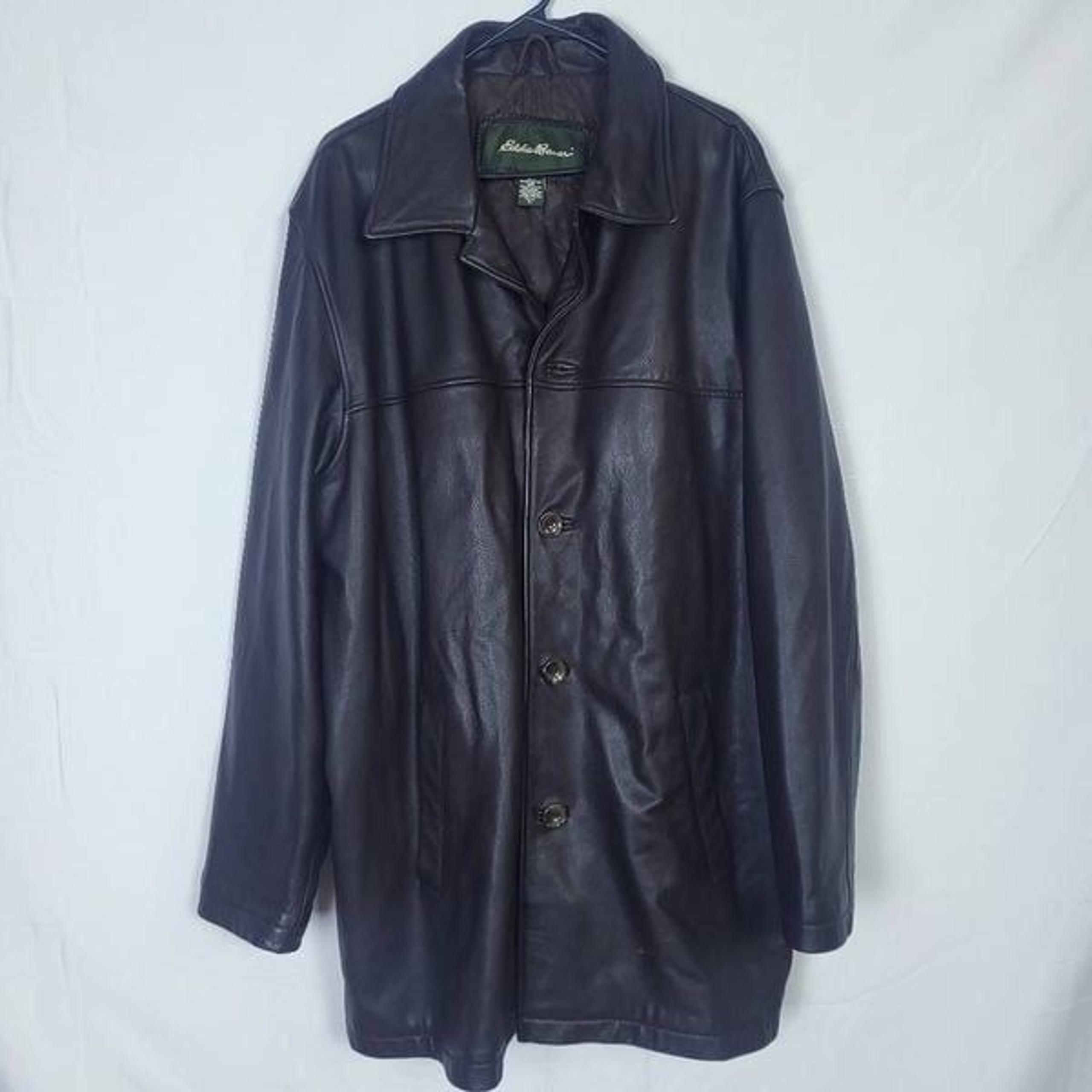 VTG Eddie Bauer Mens Leather Coat Jacket Brown Sz XLT Quilted Long Button Front